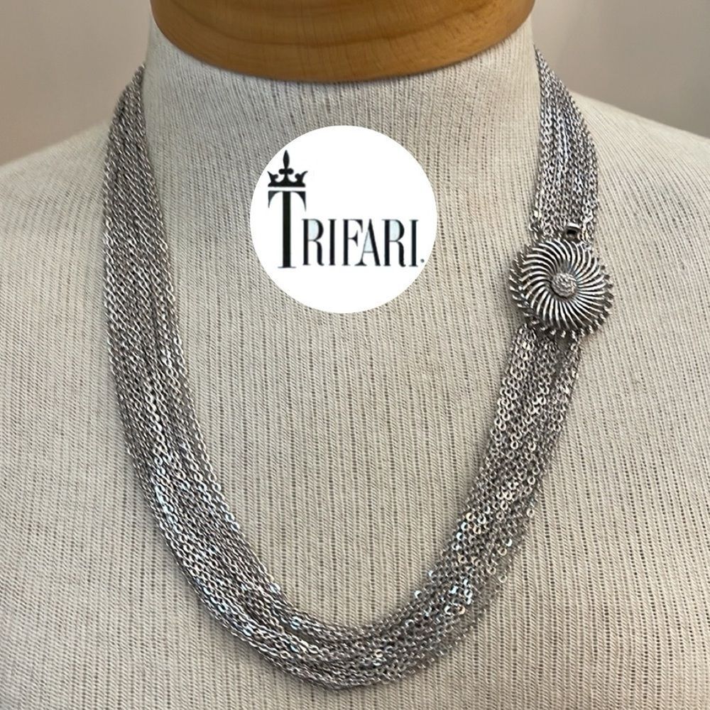 Vintage Crown TRIFARI 18 Strand Silver-tone Chain Necklace Spiral - Floral Clasp
